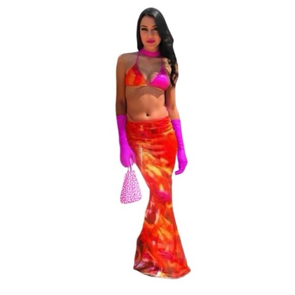 Pink and Orange Bikini Set with Skirt - Picture 10 of 17